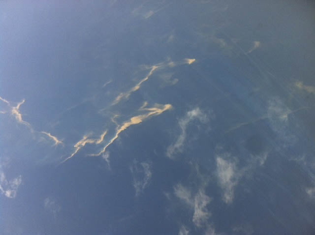 An aerial view of an oil spill is seen from a Vietnamese Air Force aircraft in the search area for a missing Malaysia Airlines plane