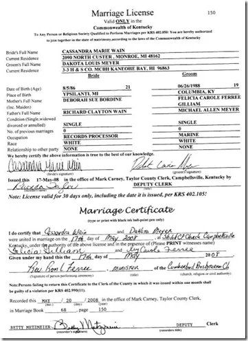 Dakota Meyer Cassandra Wain marriage certificate